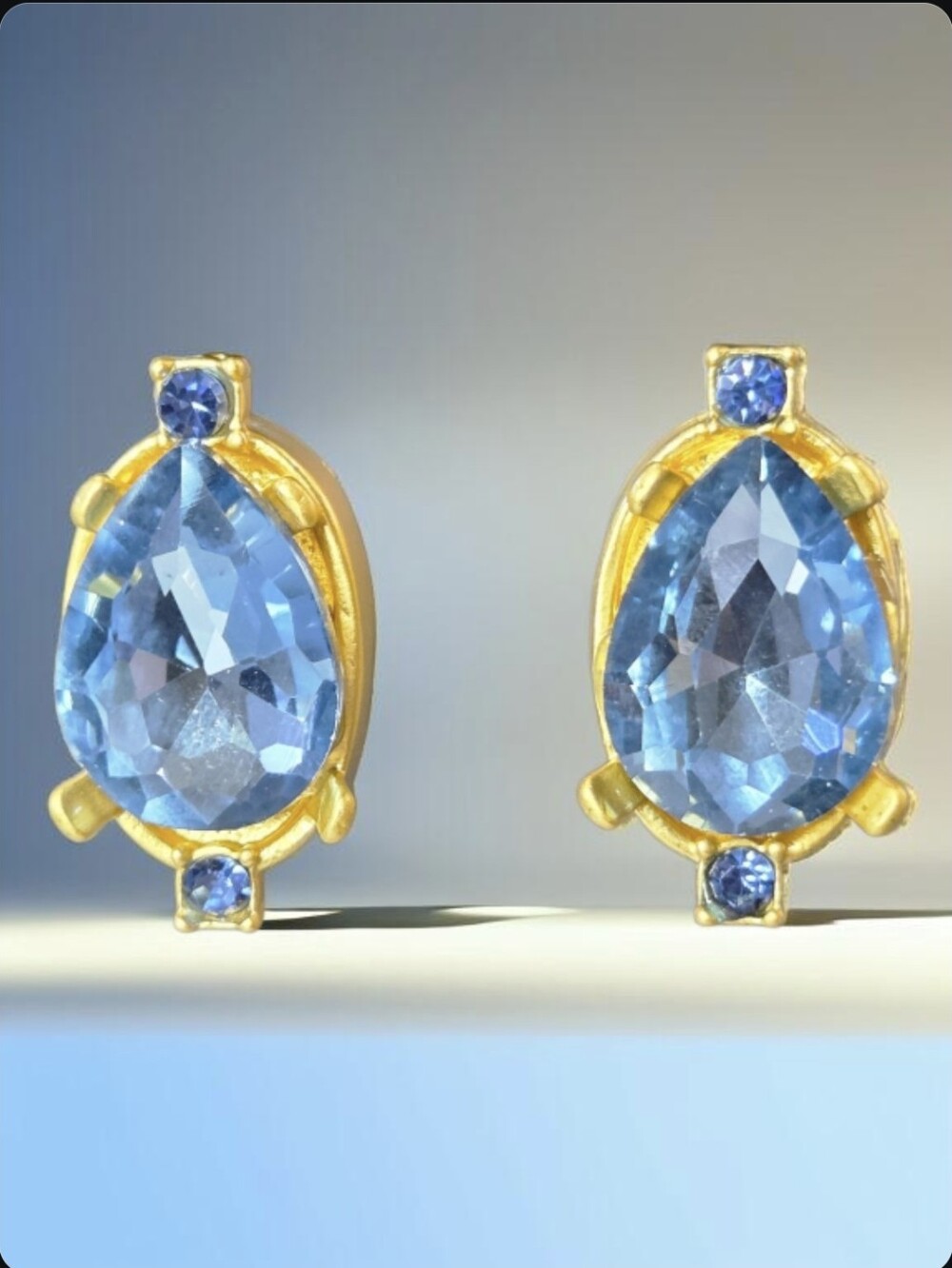 Sparkling Chunky Matte Gold Icey Blue Aquamarine Teardrop Crystal Stud Earrings